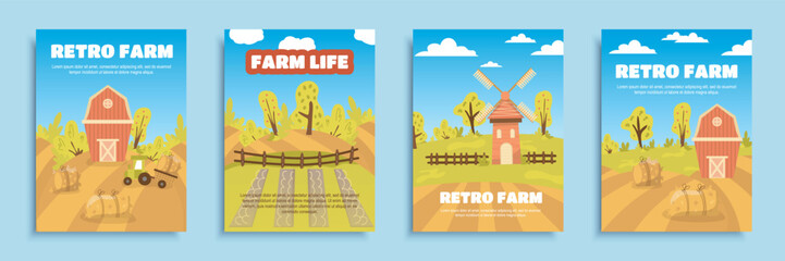Retro farm cover brochure set in flat design. Poster templates with wooden barns and mills, tractors by haystacks, fields, farmland plantations, gardening and agronomy business. Vector illustration