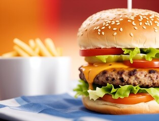 Tasty burger with blurred background. AI generated illustration