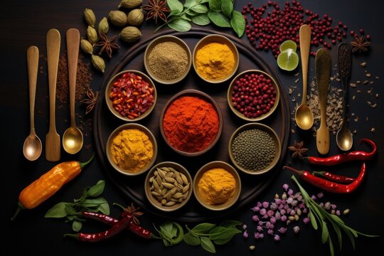 Set of spices in brass spoons