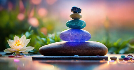 Obraz na płótnie Canvas Zen, Reiki, Chakra, Crystals, Meditation, Yoga Gemstones, Therapy for wellbeing, Spiritual practices - AI generated