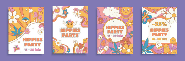 Hippies party cover brochure set in flat design. Poster templates with romantic retro groovy style of 60s 70s with daisy, mushrooms, sun, flowers and other colorful funny elements. Vector illustration