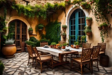 Fototapeta na wymiar an artistic interpretation of a vintage villa patio with rustic wooden furniture, aged accents, and climbing vines