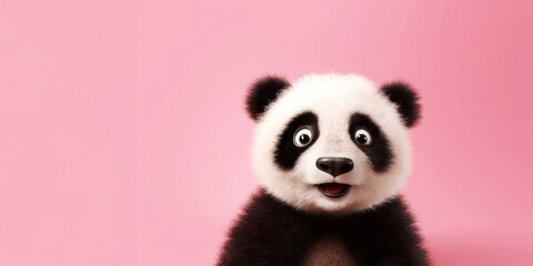 An Adorable Panda Cub Poses with a Curious Gaze Against a Soft Pink Background