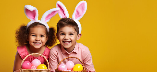 Obraz na płótnie Canvas Children with Bunny Ears Celebrating Springtime