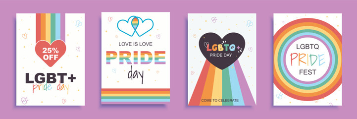 LGBT pride day cover brochure set in flat design. Poster templates with rainbow flags and hearts, love freedoms and rights equality signs, LGBTQ community symbols for parades. Vector illustration