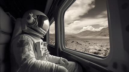 Black and white photo of an astronaut in the train. The concept of exploring other planets and entities - obrazy, fototapety, plakaty