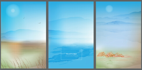 Nature, landscapes set. vector watercolor abstract illustration. Minimal background in warm pastel colours suitable for booklets, web, brochures, flyers, wallpapers.	