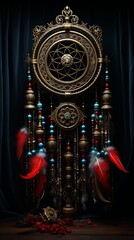 A dream catcher in the foreground, its beads and feathers poised in harmony, set against a solid backdrop that accentuates its craftsmanship in high resolution.