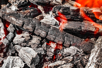 Burning and smoldering wooden charcoal close-up, selective focus