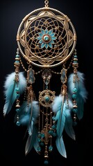 A dream catcher in the foreground, its beads and feathers poised in harmony, set against a solid backdrop that accentuates its craftsmanship in high resolution.