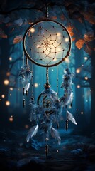 A monochrome dream catcher backlit by the soft glow of a full moon, its feathers gently illuminated on a mystical night.
