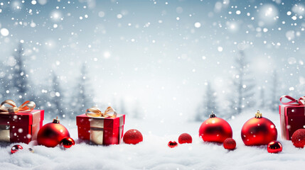 Fototapeta na wymiar Christmas background with red gift boxes and red baubles on snow
