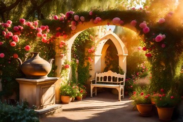 a magical secret garden featuring weathered amphorae and a grand arch adorned with climbing roses, a cozy bench nestled in a corner surrounded by vibrant blooms - obrazy, fototapety, plakaty