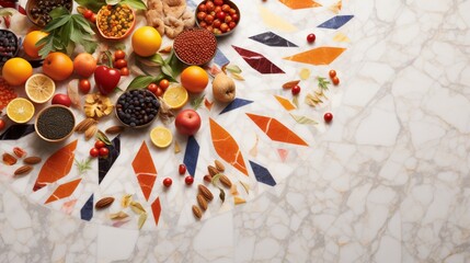 A symphony of colorful spices and herbs, intricately arranged in geometric patterns on a sleek marble surface.