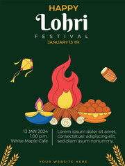 Happy Indian Punjabi festival of lohri celebration fire background with decorated drum.