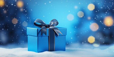 Mock-up poster, baby blue gift box with ribbon bow on light blue shiny snowy background with copy space.