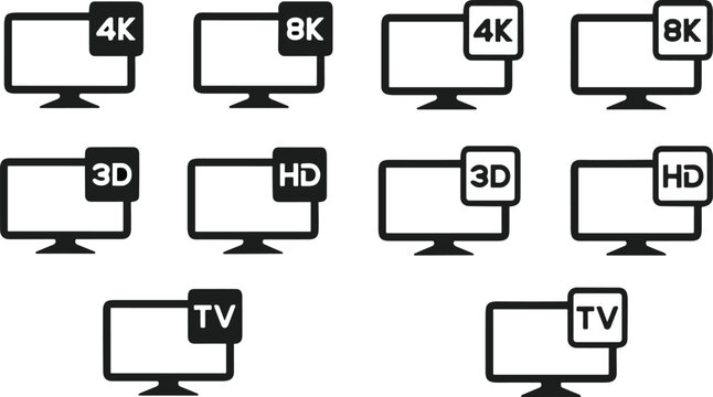 Screen Or LCD Or TV Video Resolution Icon Set. Monitor Size Symbol. HD, FHD, UHD, 4K, 8K Screen And TV Quality. Vector Illustration.