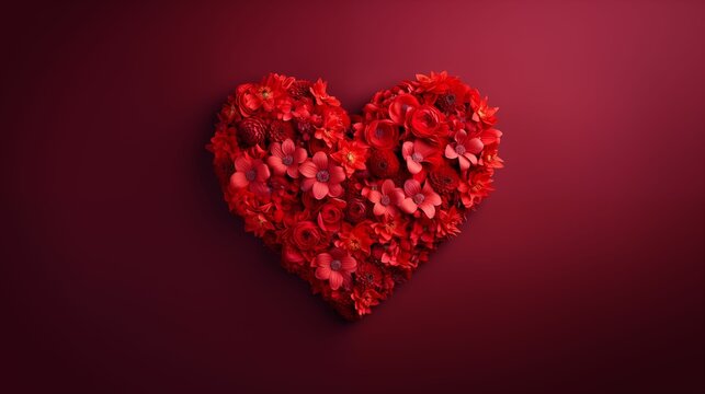 AI generated illustration of a red heart made of flowers on a red background