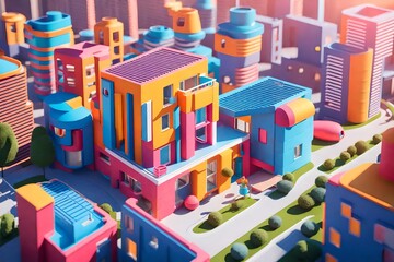 a playful toy house positioned in a futuristic cityscape, surrounded by innovative architectural...