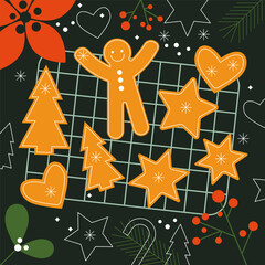 Homemade cakes on the grill. Baking Christmas and New Year gingerbread cookies. Gingerbread man. Flat vector illustration isolated. Trendy abstract style. Christmas mood. Festive food, family culinary