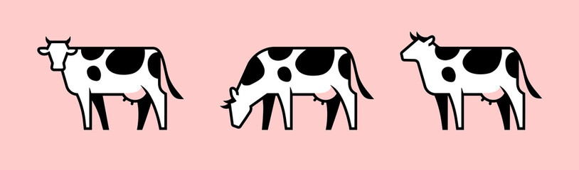 Three linear cow icons. Milk, dairy products symbol.