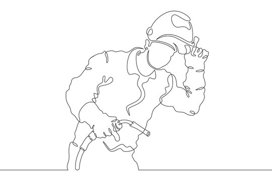 Welder worker. Welding metals at a construction site. Specialist welder in work clothes. One continuous line drawing. Linear. Hand drawn, white background. One line.