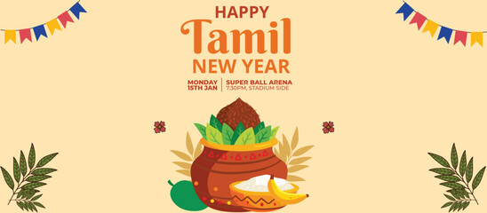 Tamil New Year Background. Happy Pongal celebrations greetings. Vector illustration template for Poster, Banner, Greeting, Card, Flyer, Post.