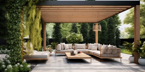 Green garden outdoor patio with wooden pergola and comfortable seating