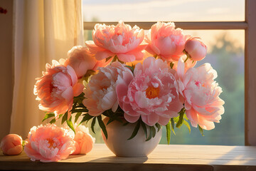bouquet of tulips in vase, bouquet of tulips, tulips in vase, A vibrant and lovely bunch of pink tulips arranged in a green glass vase sits on a table, bathed in the warm glow of the setting sun shini