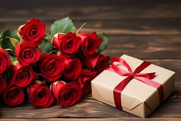 red roses lying on a wooden table, next to it is a small gift in a box
