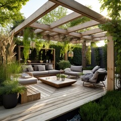 Fototapeta premium Green garden outdoor patio with wooden pergola and comfortable seating