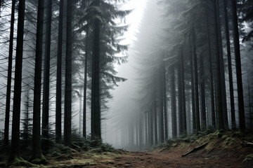 fog in the forest, misty morning in the forest, Beautiful Sunset Sunrise Sun Sunshine In Sunny Summer Coniferous Forest. Sunlight Sunbeams Through Woods In Forest Landscape. Panorama Panoramic View
