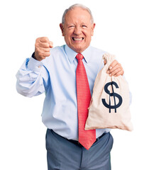 Senior handsome grey-haired man wearing elegant clothes holding money bag annoyed and frustrated...