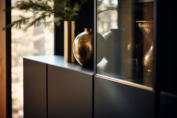 Detail of a black cabinet door in beautiful hall. Elegant luxury interior. Generative AI illustration - obrazy, fototapety, plakaty