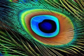 Obraz premium Vibrant close-up of a peacock feather, showcasing vivid colors and natural patterns.