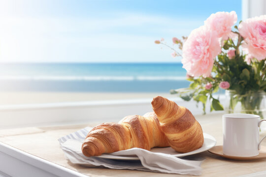 Breakfast on hotel balcony decorated with fresh flowers and croissants overlooking sea view. Generative AI