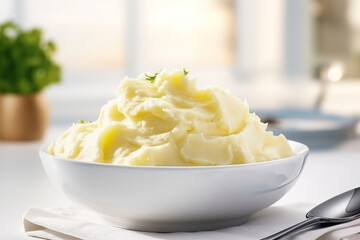 Creamy mashed potatoes in white bowl in white kitchen. Healthy food. Generative AI - obrazy, fototapety, plakaty