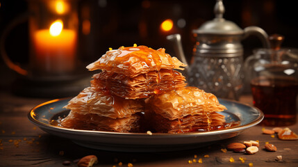 Homemade sweet Middle Eastern traditional baklava dessert on the cafe table next to tea and candle
