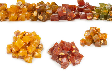 Turkish traditional delight with nuts isolated on white background.