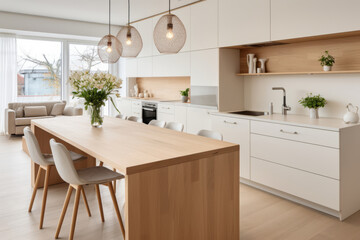 Fototapeta na wymiar Modern scandinavian minimalist interior design of kitchen with island. Generative AI