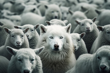 One white wolf among a flock of white sheeps. Wolf pretending to be a sheep concept. Generative AI