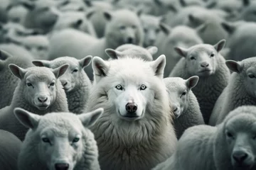 Fotobehang One white wolf among a flock of white sheeps. Wolf pretending to be a sheep concept. Generative AI © barmaleeva