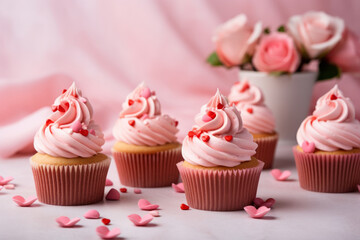 Cupcakes with decorations, with cream cheese and frosting for Valentine's day. Generative AI