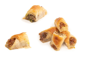 Delicious sweet baklava with walnuts isolated on white background.