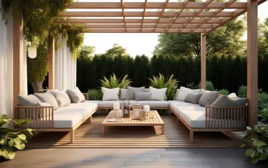 Fotobehang Green garden outdoor patio with wooden pergola and comfortable seating © piai