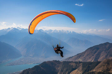 paraglider in the sky, paraglider in the mountains, paragliding in the mountains, Paraglider soaring above rugged mountain landscapes
 - Powered by Adobe
