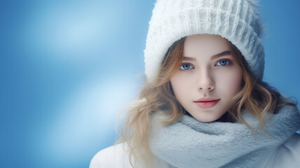 Beautiful bwoman, wearing a knitted scarf and hat