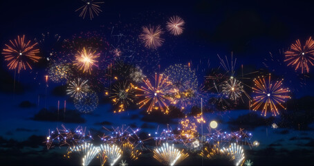 Brightly colorful fireworks for events on blue dark cloudy sky