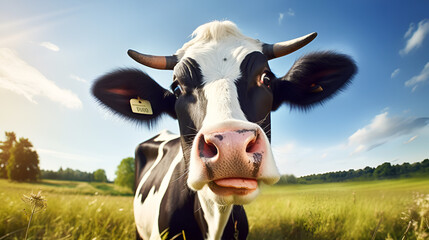 Curious happy spotted black and white cow looks at the camera on a green meadow with flowers under a blue sky on a sunny summer day. Copy space. Concept of organic dairy products, kosher beef. - Powered by Adobe