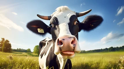 Fotobehang Curious happy spotted black and white cow looks at the camera on a green meadow with flowers under a blue sky on a sunny summer day. Copy space. Concept of organic dairy products, kosher beef. © Tetiana